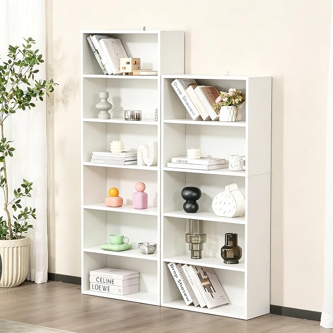 HealSmart 6 Tier Bookcase, Industrial 6 Book Shelf, 9.2" D x 23.8" W x 63" H Tall Open Cube Storage Organizer for Home Office, Living Room, Bedroom and Dinning Room, White