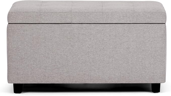 SIMPLIHOME Cosmopolitan 34" Wide Vegan Leather Storage Ottoman in Cream | Cloud grey, transitional storage ottoman with tufting and lift-up lid; rectangle storage bench for living room or entryway.