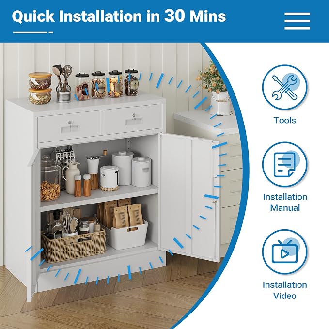 Metal Storage Cabinet, 36" Locking Cabinet with Adjustable Shelves for Garage, Office (White, 2 Drawers)