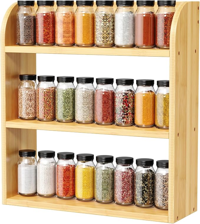 ROMGUAR CRAFT 3 Tier Bamboo Spice Rack, Countertop or Wall Mounting Wood Spice Jars Organizer Shelf for Kitche, Pantry (Natural)