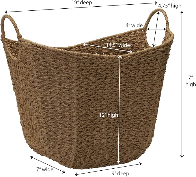 Household Essentials Natural Paper Rope Basket with Handles, Natural Woven Woven Storage Basket, Great for Decoration or Organization