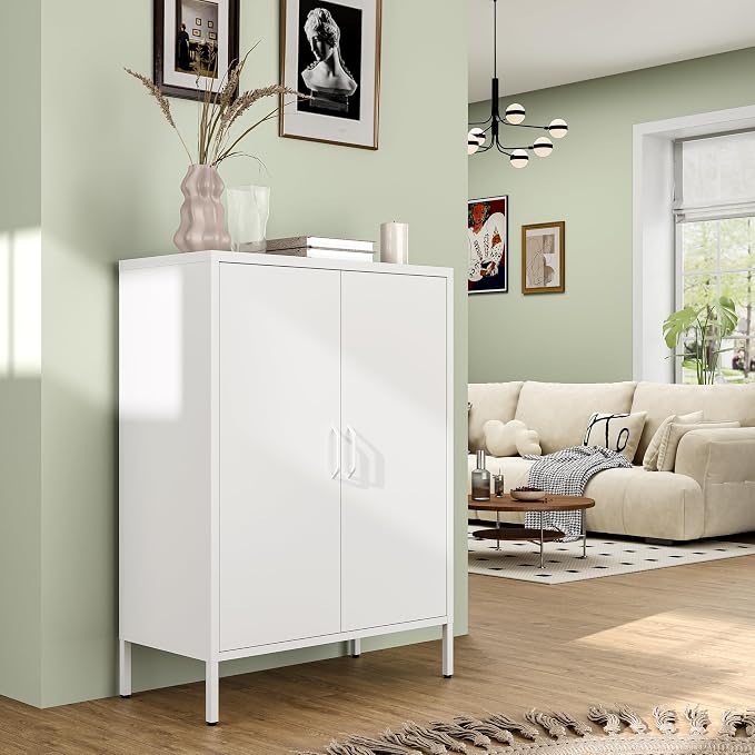 Bevivog Metal Locker Cabinet with 2 Doors, White Metal Accent Cabinets for Home Office, 40" Counter Height Storage Lockers Sideboard for Home Office Kitchen Living Room Hallway Entryway
