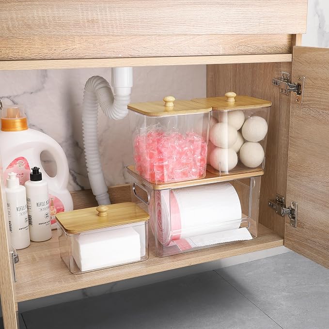 Extra Large Trash Bag Holder 4 Pack Garbage Bag Dispenser Roll Holder with Lid Laundry Room Organizer Under Sink Stackable Storage, Wall Mounted Laundry Dryer Sheet Holder Clear Pod Container