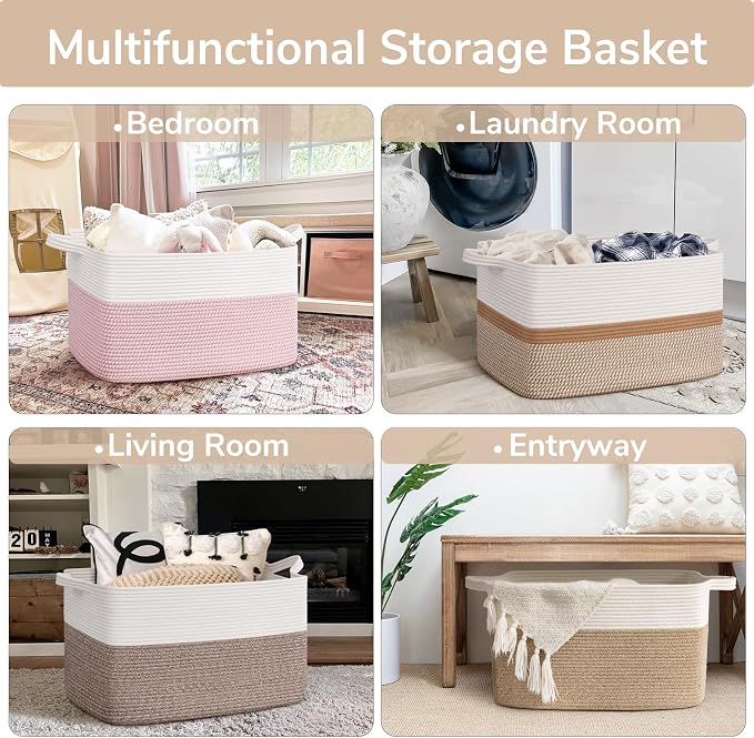 Goodpick Large Woven Blanket Basket, Cotton Rope, White & Camel Mix | 21.6 x 14.9 x 11.8 in, Rectangle, Living Room, Bedroom & Nursery Organization, Home Decor, Blankets & Toys Storage