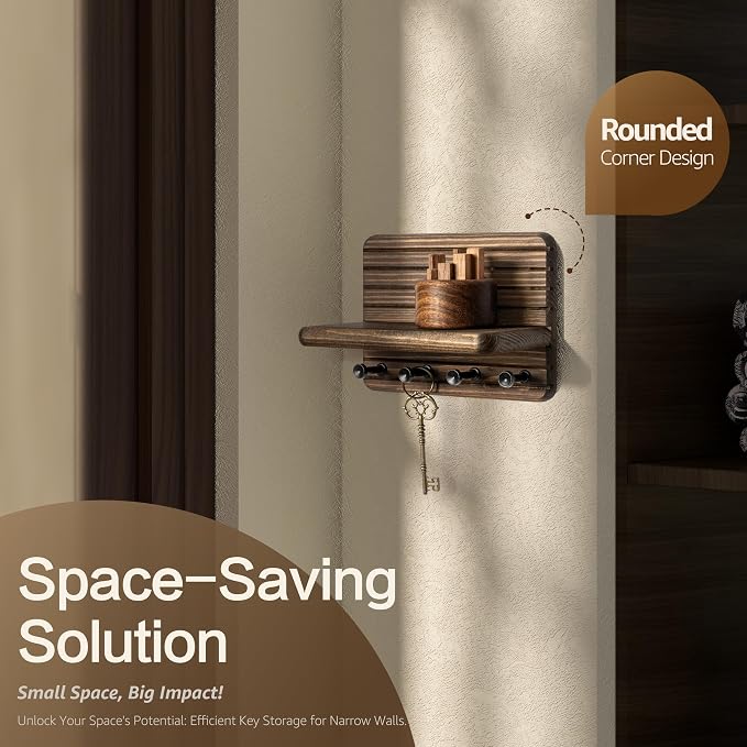 RebeeVision Small Key Holder Wall Mount with 4 Key Hook for Entryway, Brown | 7-Inch, Round Corner, Pine Wood, Small Key Shelf, Compact Storage, Plant Display, Apartment Essential