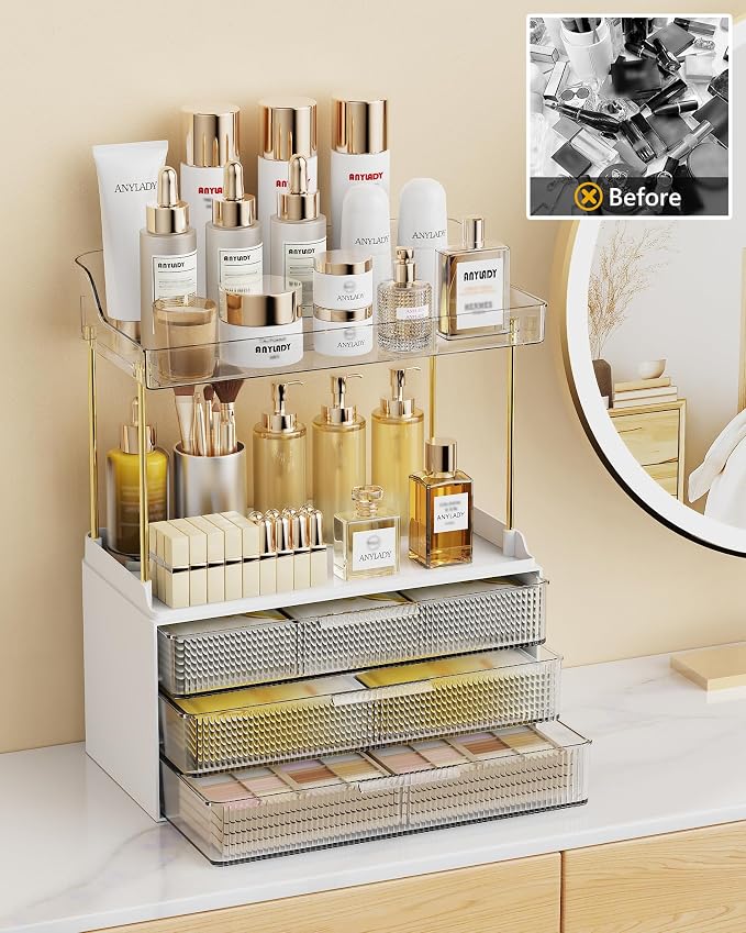 Anylady Bathroom Organizers and Storage, Makeup Organizer (Sturdy Durable Attractive), Ideal for Vanity, Countertop, Counter, Perfume, Skincare, Cabinet, Cosmetic, Dresser Organizer (White)