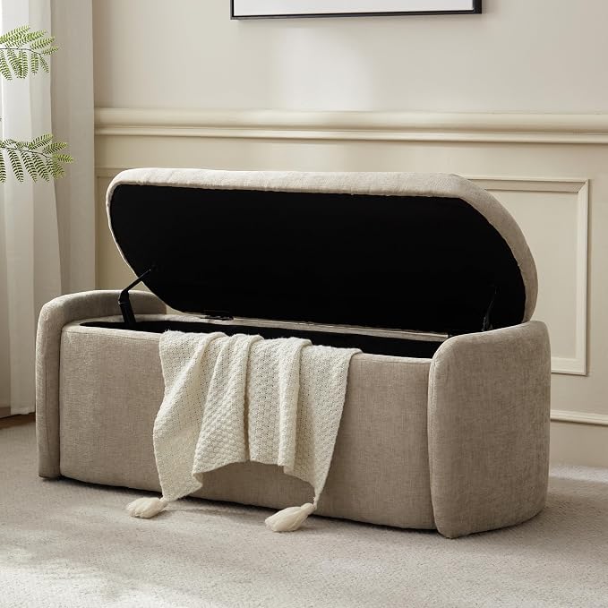 VKNOW Storage Bench, Upholstered Storage Ottoman Bench with Hinge, Khaki | Ottoman Bench with Large Capacity, Curved Frame, Soft Fabric, Storage Bench for Bedroom, Living Room, Entryway, Window