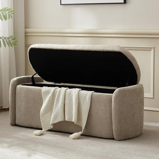 VKNOW Storage Bench, Upholstered Storage Ottoman Bench with Hinge, Khaki | Ottoman Bench with Large Capacity, Curved Frame, Soft Fabric, Storage Bench for Bedroom, Living Room, Entryway, Window