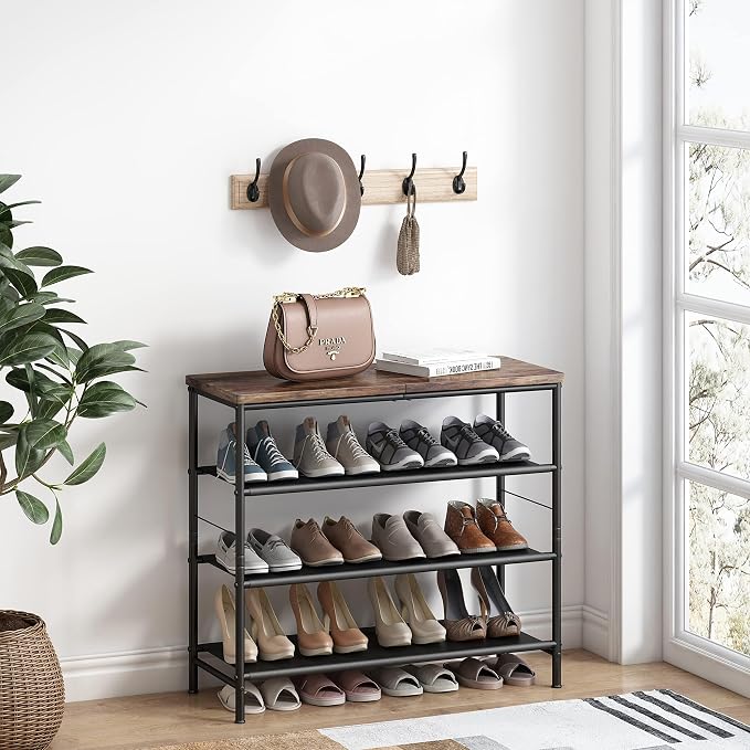 INGIORDAR 4 Tier Shoe Rack Storage Organizer Shelf Top with MDF Board | Space-Saving,with 3 Layer Fabric,stores 16+Pairs of Shoes for Closet,Entryway,Bedroom,Living Room Garage,Black+Rustic Brown