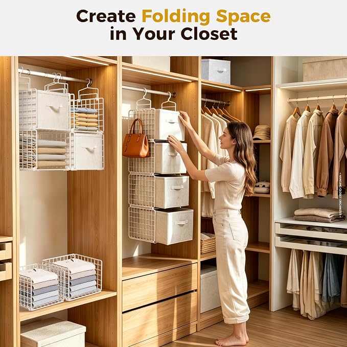 4 Tier Hanging Closet Organizer with 4 Drawers, White | Metal Hanging Shelves with 4 Hanging Hooks for Wardrobe Laundry Garage, No Sagging, Modular Design, Space Saving