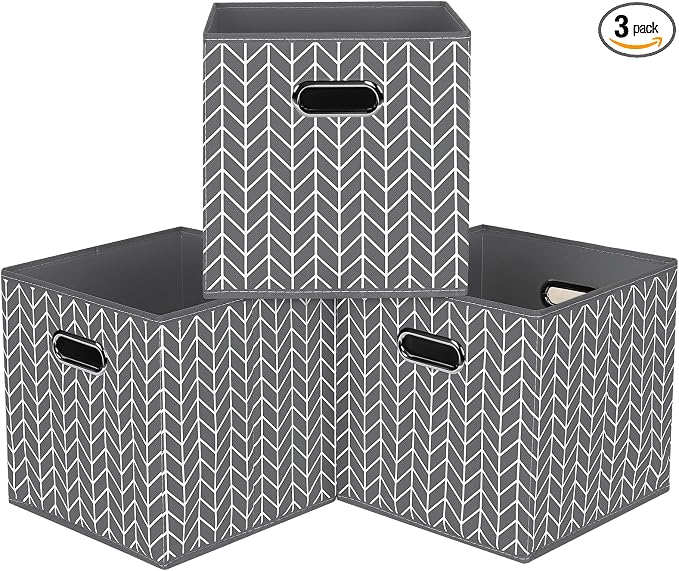 Black Foldable Storage Cubes Bins, Fabric Storage Box Cubes Organizer Baskets with Dual Handles for Home Organizer,Set of 3,(Grey Wave)
