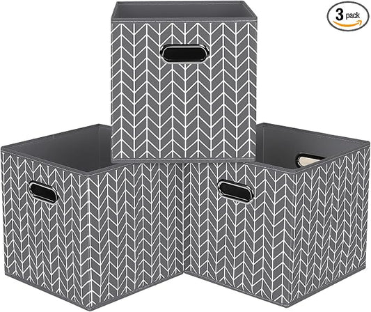 Black Foldable Storage Cubes Bins, Fabric Storage Box Cubes Organizer Baskets with Dual Handles for Home Organizer,Set of 3,(Grey Wave)