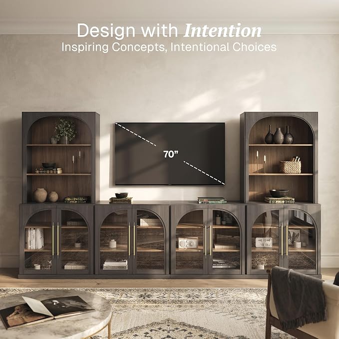 BELLEZE 6-Piece Modular TV Stand Set - 4 Arched Glass Door Entertainment Center & 2 Hutch Storage Units, Classic Modern Large Media Console with Adjustable Shelves for Living Room Family Room, Ebony