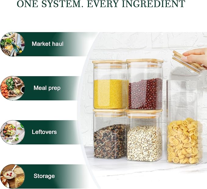 LIBWYS 12-Pack Square Glass Storage Jars with Bamboo Lids (0.6Qt/1.06Qt) - Stackable Food Containers for Pantry Organization, Coffee, Flour, Snacks, Tea | Kitchen Canisters Set | Stackable Dry Food Containers for Pantry Organization, Coffee, Flour, Sna...