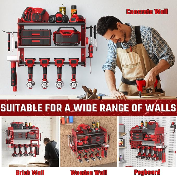 SUNALLY Power Tool Organizer, Wall Mount Garage Tools Storage Rack, Red | Metal Tool Storage Rack with 4 Drill Holders, Heavy Duty Power Tool Shelf for Garage,Warehouse,Workshop, Gift for Men,Husband