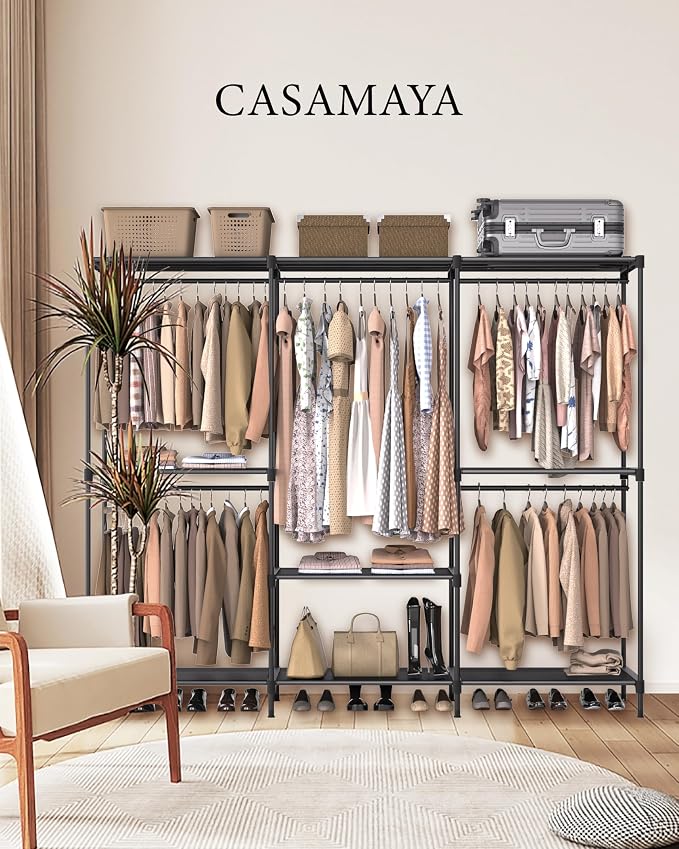 CASAMAYA Clothes Rack, Portable Closet, 80.7 Inch Extra Large Capacity Wardrobe Closet, Clothes Storage Organizer with Shelves and 5 Hanging Rods, Easy to Assembly, Black PCT036B01