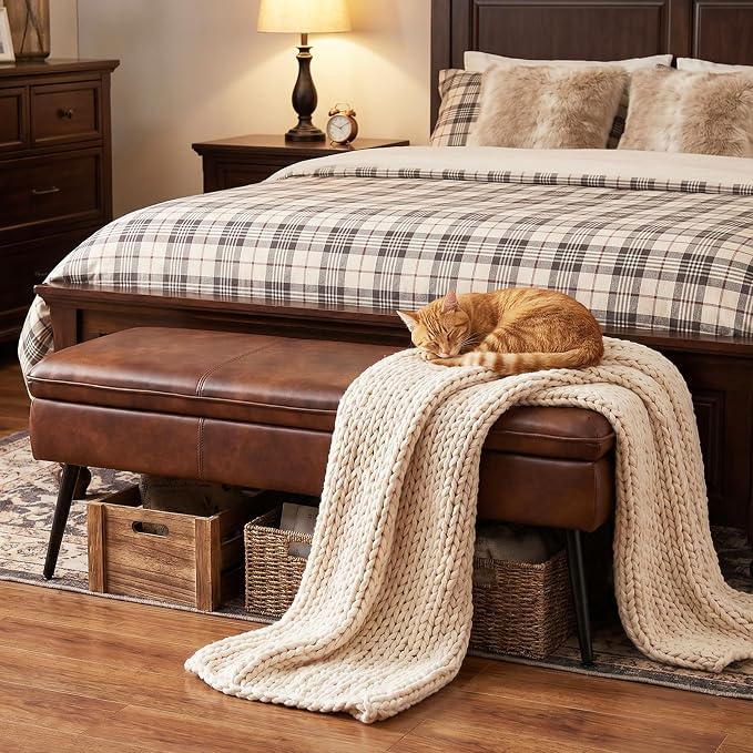 Ottoman with Storage Bench, Upholstered Large Entry Bench Cognac | 43.3" Mid-Century Modern End of Bed Bench w/ Flip-Lid Metal Legs Padded Seat for Living Room Bedroom Entryway, Faux Leather