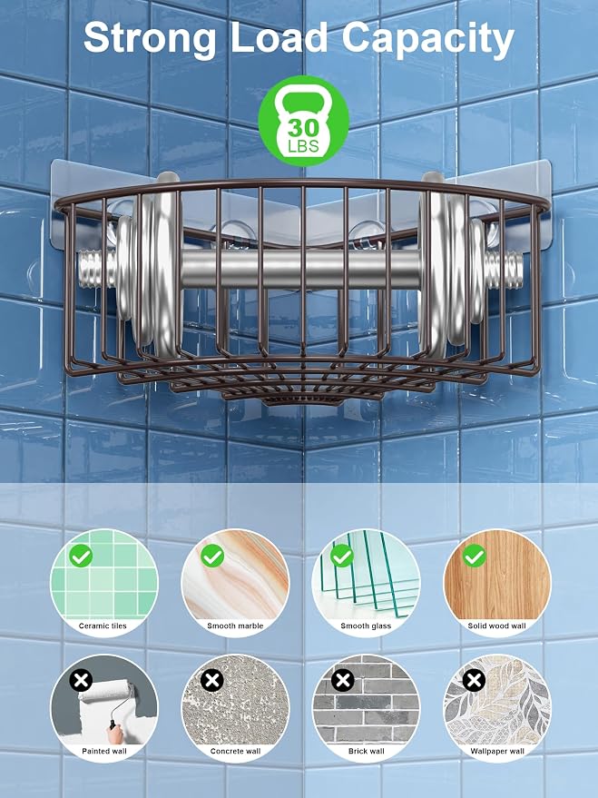 SMARTAKE 2-Pack Corner Shower Caddy Deep Basket, SUS304 Stainless Steel | Wall Mounted Bathroom Shelf with Adhesive, Storage Organizer for Toilet, Dorm and Kitchen, Bronze
