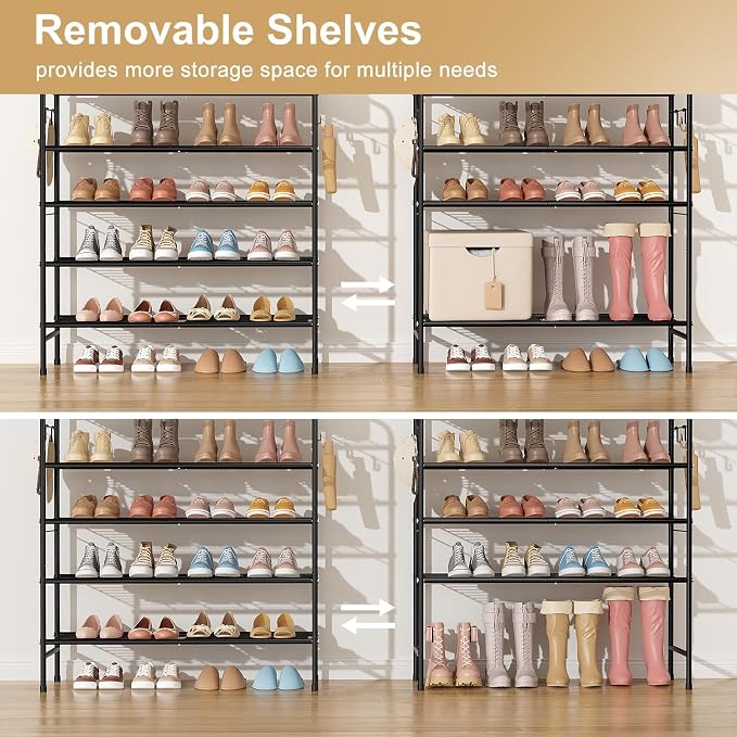 VILICK 5 Tier Shoe Rack 33" Wide Metal Shoe Organizer Long Shoe Storage with 4 Side Hooks Sturdy Shoes Shelf for Closet, Front Door Entrance, Garage, Dorm, Black