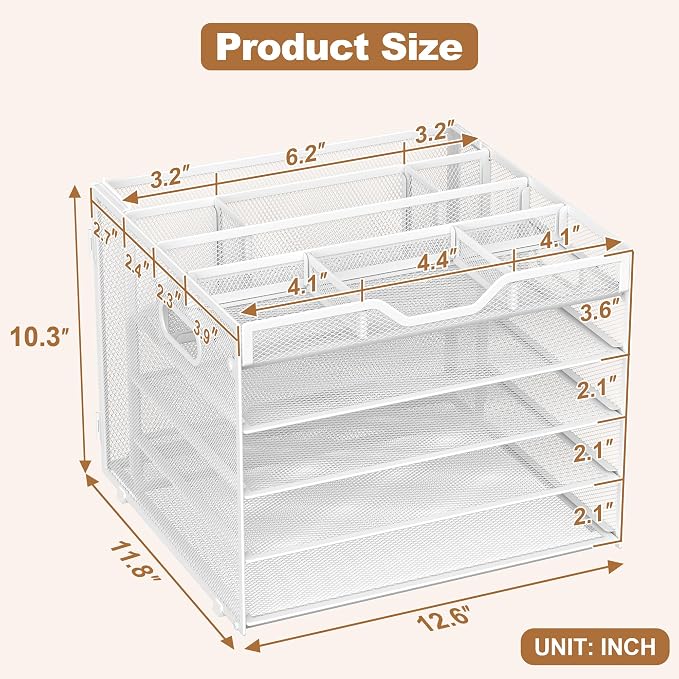 Docnest 5 Tier Desk Organizer with Hanging File Folder Holder&Tray, White | Features 3 detachable pen holders and 4 removable dividers.Versatile mesh desktop storage for mail, document,office supplie