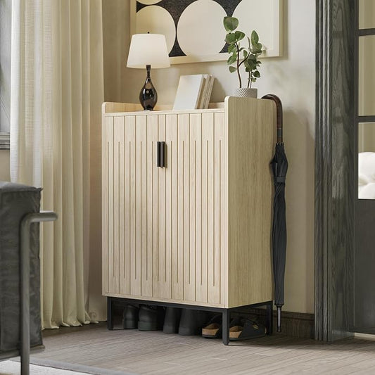 Shoe Cabinet with Metal Legs, Farmhouse Large 5-Tier Shoe Storage Cabinet with Doors, Wooden Shoe Organizer for Entryway, Hallway (2 Door Shoe Cabinet, Oak-Modern)