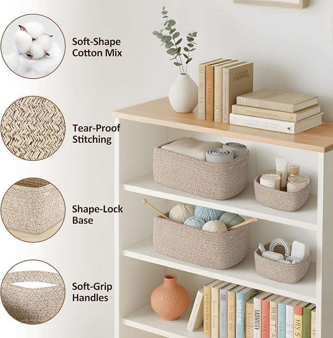 5-Pack Small Woven Rope Storage Baskets, 2 Sizes Organizer Bins | Fabric Cube Boxes and Rectangular Shallow Bins for Closet, Shelf, Bookshelf, Nursery, Changing Table, Bathroom, Toys & Home
