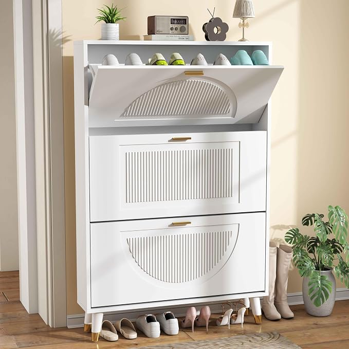 Narrow Shoe Cabinet Storage for Entryway: Cabinet Shoe Rack Organizer, White Shoes Cabinets with 3 Flip Drawers, Modern Shoes Storage Entryway for Front Door Entrance (1 Piece, 32")