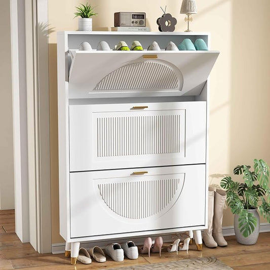 Narrow Shoe Cabinet Storage for Entryway: Cabinet Shoe Rack Organizer, White Shoes Cabinets with 3 Flip Drawers, Modern Shoes Storage Entryway for Front Door Entrance (1 Piece, 32")