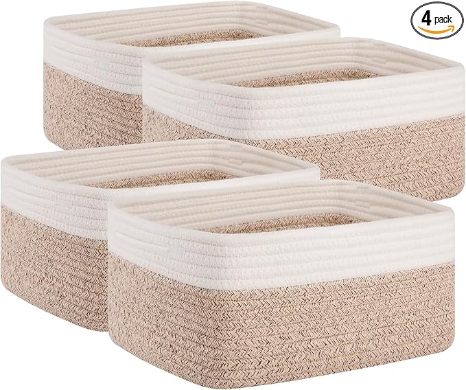 OIAHOMY 4 Pack Storage Baskets for Organizing, Small Bins for Shelves, Cute Decorative Storage Bins, Organizer Baskets for Gifts Empty, 14.2''Lx11''Wx6.3''H, Brown/White