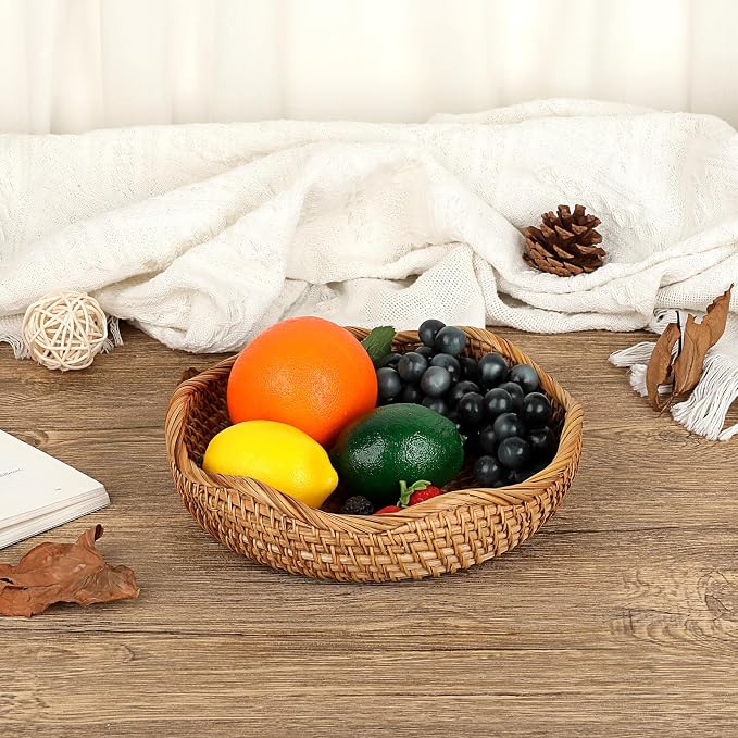 Hipiwe Natural Rattan Tray 8.5" Wicker Storage Bowls Hand Woven Basket Tray for Bread Fruit Key Round Fruit Baskets for Kitchen Entryway Tabletop Decorative Baskets Bowl