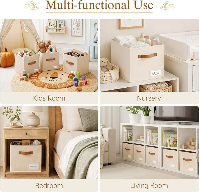 Storage Cubes 10 Pack, 11 Inch Fabric Storage Cubes Organizer Bins with Labels, Odor-Free & Sturdy PP Structure, Cubby Baskets for Closet, Shelves, Toys & Nursery (Beige)