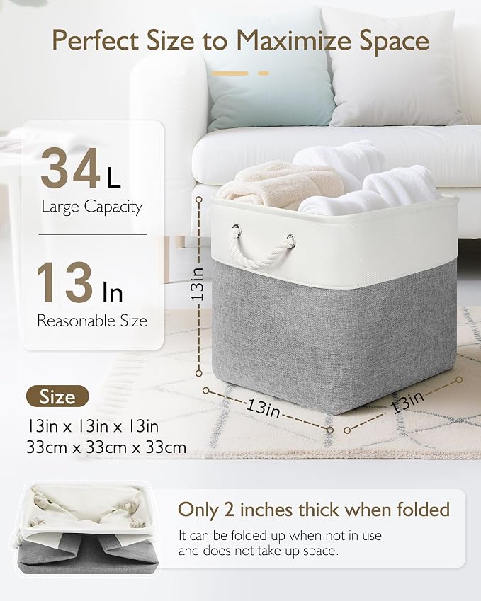 Patvingot 13-Inch Fabric Cube Storage Bins with Handles,4 Pack,Foldable | For cube shelves and closets,keeps grouped for everyday access,reinforced opening and fold-flat storage,white and gray