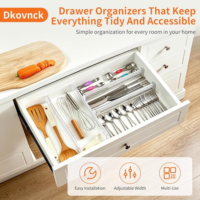 Adjustable Drawer Dividers 11.3-20in Organizer for Dresser (4) | Clear Plastic, 3.2in Wide, Adhesive Mounting, No Tools, for Kitchen Office