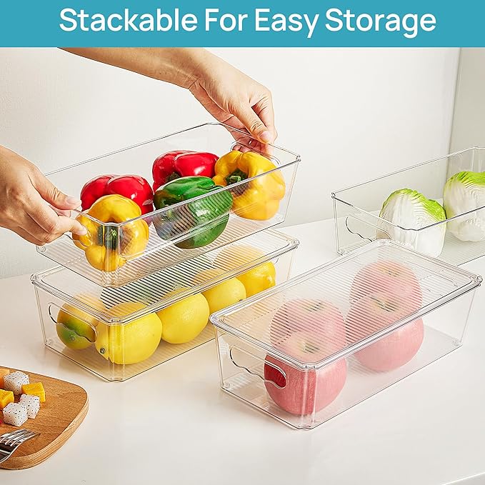 Vtopmart 4pcs Clear Stackable Storage Bins with Lids | BPA-free food-grade PET, Stackable with Lids Included, Easy to Move, For Fridge Freezer Pantry Cabinet Kitchen Organization