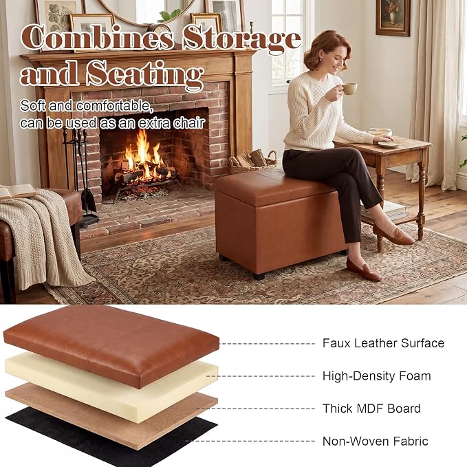 24" Leather Storage Ottoman Bench, Rectangle Foot Rest Stool for Living Room, Bedroom, Entryway, Cognac Brown