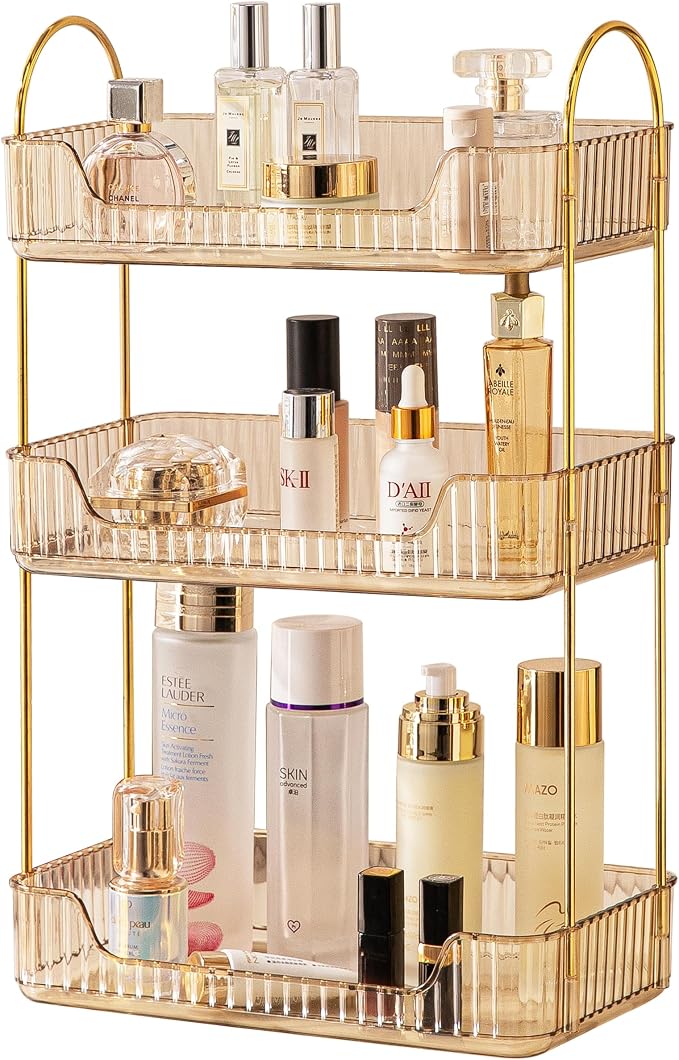 Akinbas 3 Tier Bathroom Organizer Countertop Makeup Perfume Tray Skincare Organizer for Bathroom Dresser Vanity (Gold)