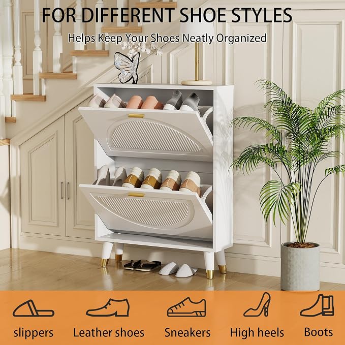 Narrow Shoe Cabinet Storage for Entryway: Cabinet Shoe Rack Organizer, White Shoes Cabinets with 2 Flip Drawers, Modern Shoes Storage Entryway for Front Door Entrance (1 Piece, 25")
