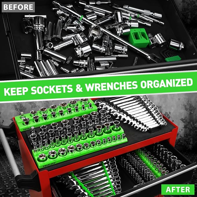 10-Piece Magnetic Socket and Wrench Organizer Set, 1/4", 3/8", 1/2" Drive Metric SAE Socket Organizer, Magnetic Wrench Holder 30 Slots Total, Tool Box Organizers (Sockets Wrenches not Included)