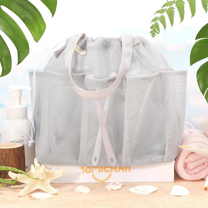 famichan Mesh Shower Caddy Portable with Drawstring, Dorm Room Essentials for College Students, Grey Shower Bag for Camping,Swimming,Gym,Travel,Bathroom