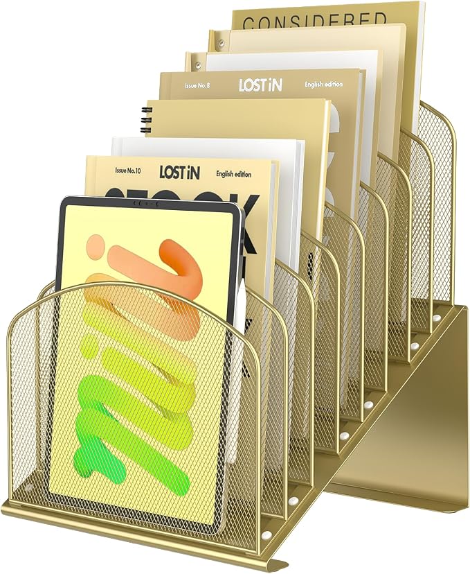 Sinboun Inclined Desk File Organizer Folder Holder with 8-Section, Gold