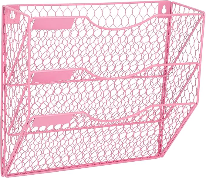 EASEPRES Mail Organizer Wall Mount Hanging File Holder Storage, Metal Chicken Wire Magazine Rack 3 Tier, Pink