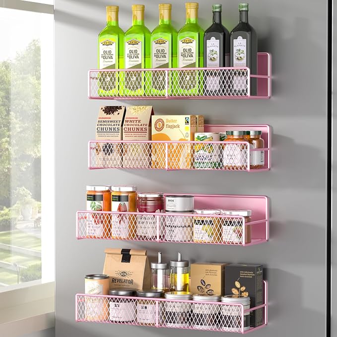 DTUQYX Magnetic Spice Rack for Refrigerator, 4 Pack 100% Metal Strong Magnet Fridge Shelves, Space Saving Spice Organizer, No Drilling Moveable Home Kitchen Laundry Room Storage Organization, Pink