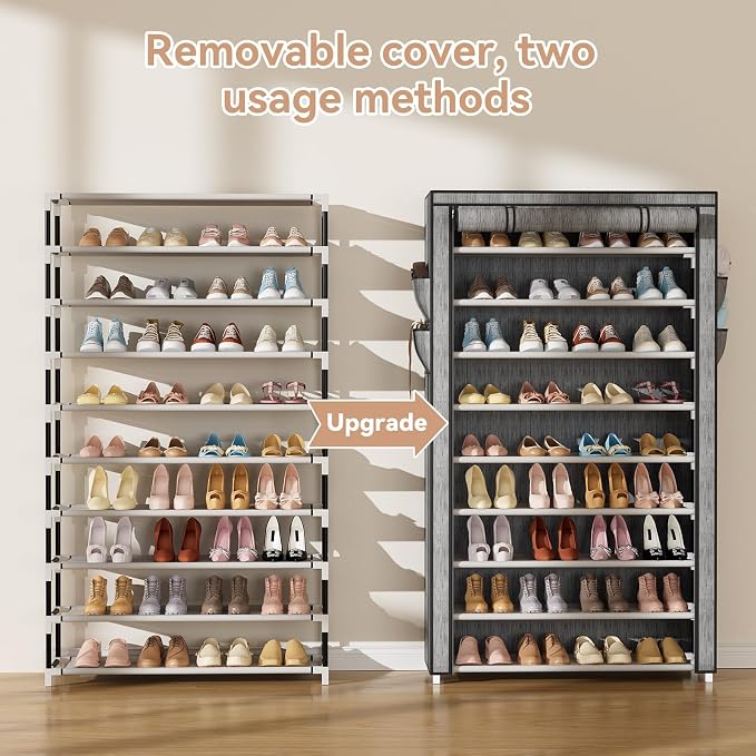 LANTEFUL Shoe Rack with Covers 10 Tier Tall Shoe Rack Organizer Large Capacity Shoe Shelf Storage 40 Pairs Space Saving Free Standing Shoe Storage Organizer for Closet, Entryway, Dorm, Printing