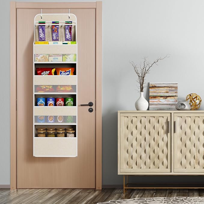 Univivi Over the Door Organizer for Baby Nursery, Beige Pattern, 5-Shelf | Door Storage with Large Capacity Breathable Mesh Pockets, Fabric Over Door Organizer for Baby Essential, Bedroom and Dorm