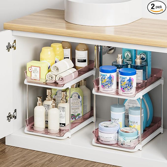 Delamu 2-Tier Multi-Purpose Bathroom Under Sink Organizers and Storage, Stackable Kitchen Pantry Organization, Pull Out Medicine Cabinet Organizer with Movable Dividers, Light Pink, 2 Pack