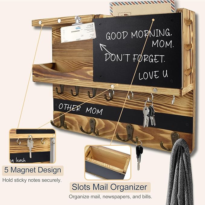 Key Holder for Wall Mount with Shelf and Mail Organizer, Key and Mail Holder with 16 Hooks, Farmhouse Entryway Organizer, Home Decor Rack(Pine Wood, Wood Color)