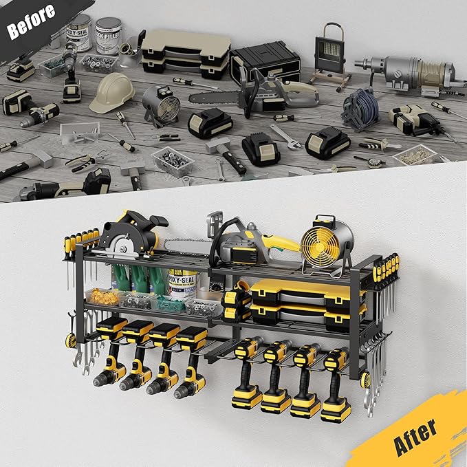 Power Tool Organizer Wall Mount, 350LBS Capacity, 3 Tier, 8 Drill Holders | 3-Tube Reinforced Design, Holds 50+ Tools, Cordless Tool Organizer, Rust Resistant, Quick Assembly, Garage Gift for Men