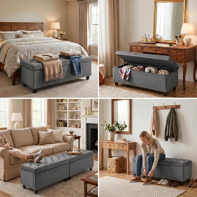 Tbfit 50.8" Large Storage Ottoman Bench with Button-Tufted Top, Blue PU Faux Leather End of Bed Chest with Safety Hinge and Rivets for Bedroom, Living Room (Gray-Velvet)