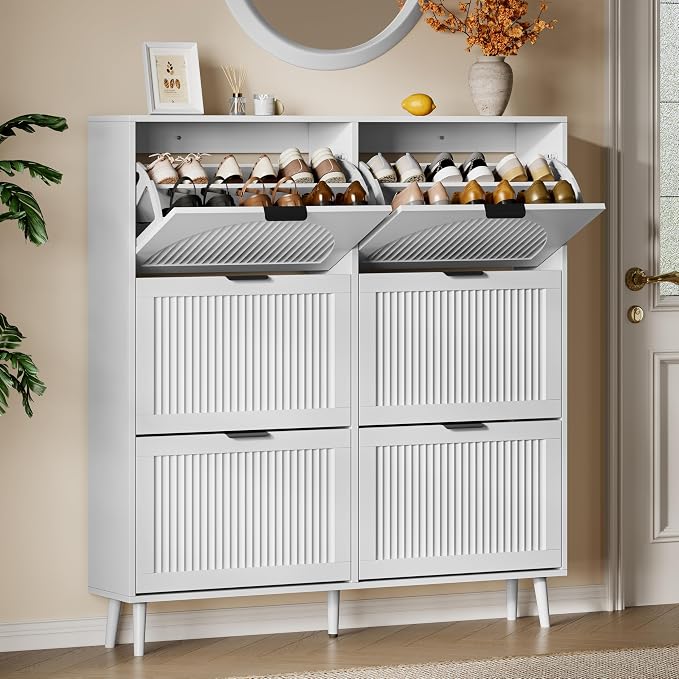 Xixini Shoe Storage Cabinet with 6 Flip Drawers, 50" Tall Narrow Wood Fluted Shoe Organizer for Entryway, Freestanding Wooden Hidden Slim Shoe Rack for Front Door Entrance, Hallway, Foyer, Solid White