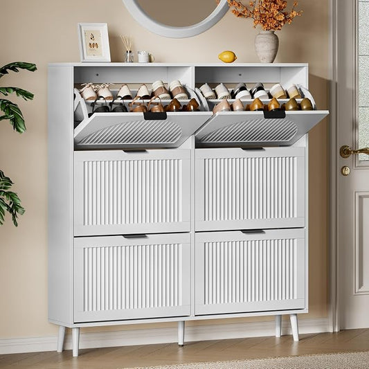 Xixini Shoe Storage Cabinet with 6 Flip Drawers, 50" Tall Narrow Wood Fluted Shoe Organizer for Entryway, Freestanding Wooden Hidden Slim Shoe Rack for Front Door Entrance, Hallway, Foyer, Solid White